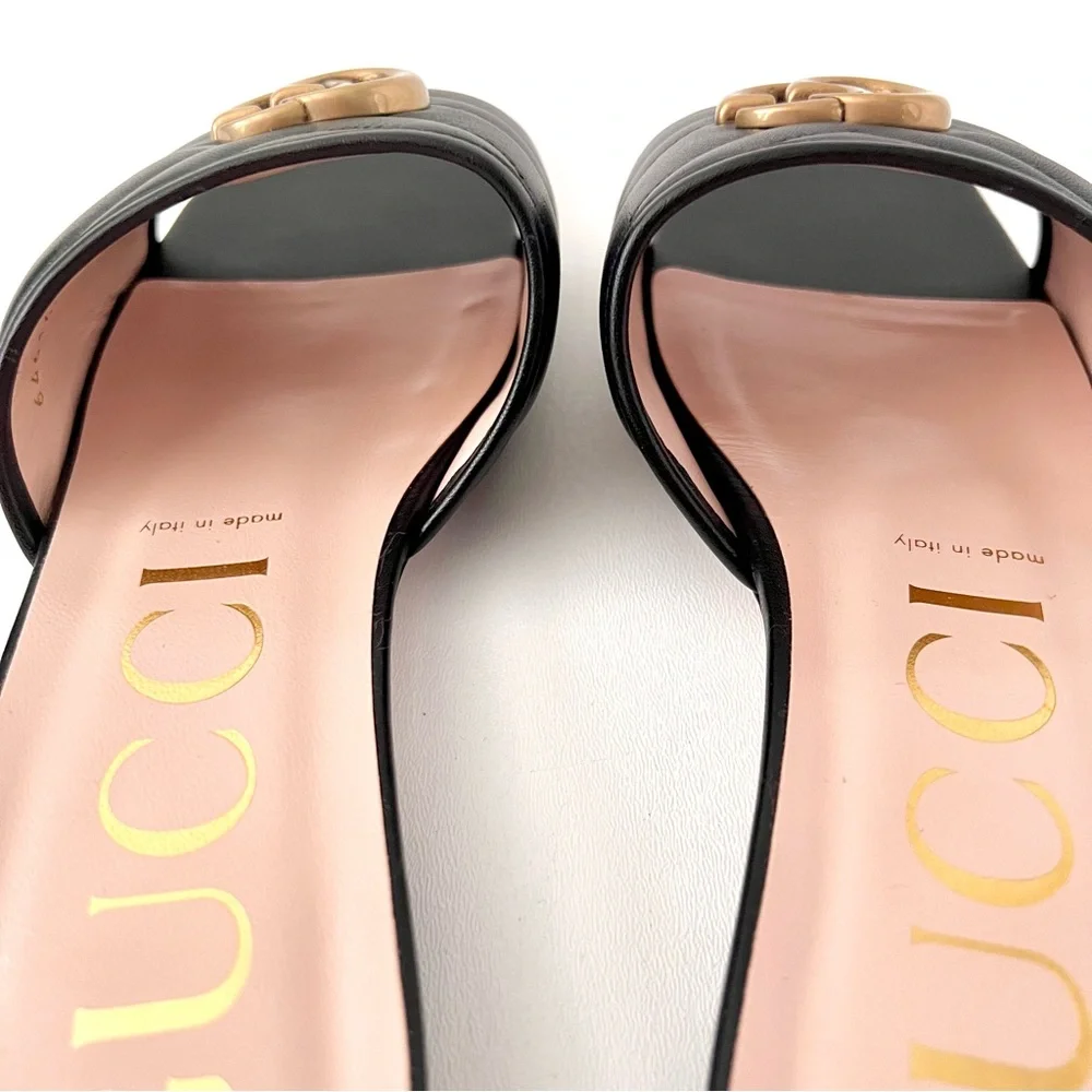 GUCCI | Marmont GG Jolie Matelasse Quilted Black Leather Low Heel Slides Sandals - Picture 9 of 14